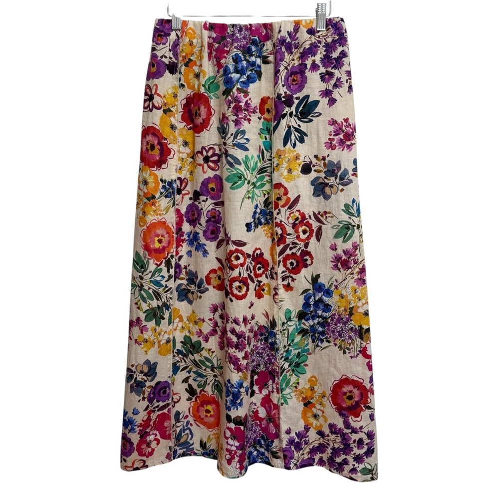 Johnny Was 100% Linen Seamed Midi Skirt Floral Evalon NWT Resort